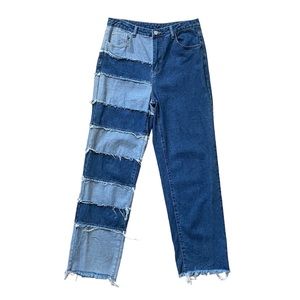 Mid Wash Denim High Waist Wide Leg Patchwork Leg Jeans Large Size 12